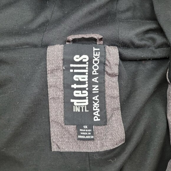 Packable Jacket Womens Plus 1x Gray "Parka In A Pocket" Hooded Zip Intl Details - Picture 4 of 15